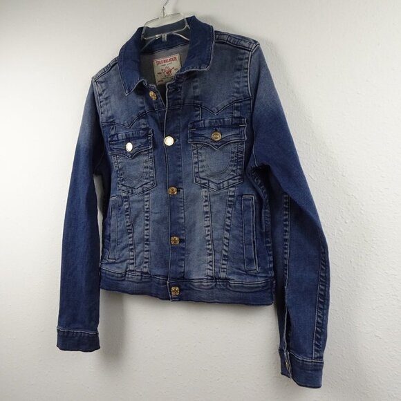 True Religion Jimmy Trucker Jacket Women's Size L Blue Denim Slim Western - Picture 3 of 8